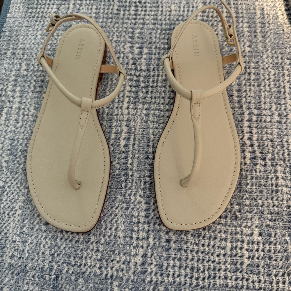 AERIN T-Strap Leather Sandals in Ecru